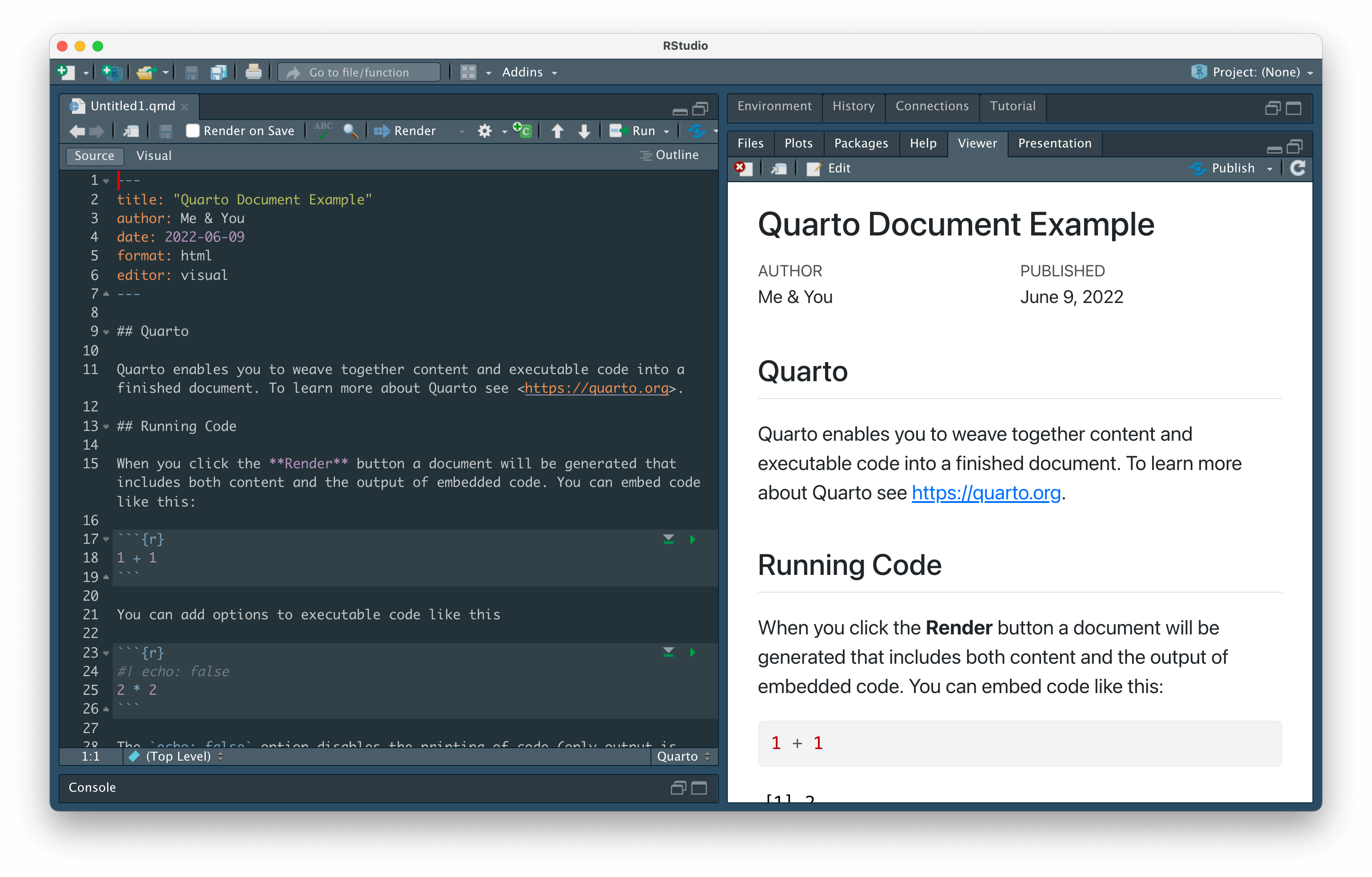 RStudio with a new `Untitled1.qmd` file open in the Source editor to the left, and the corresponding rendered Quarto document to the right in the Viewer.