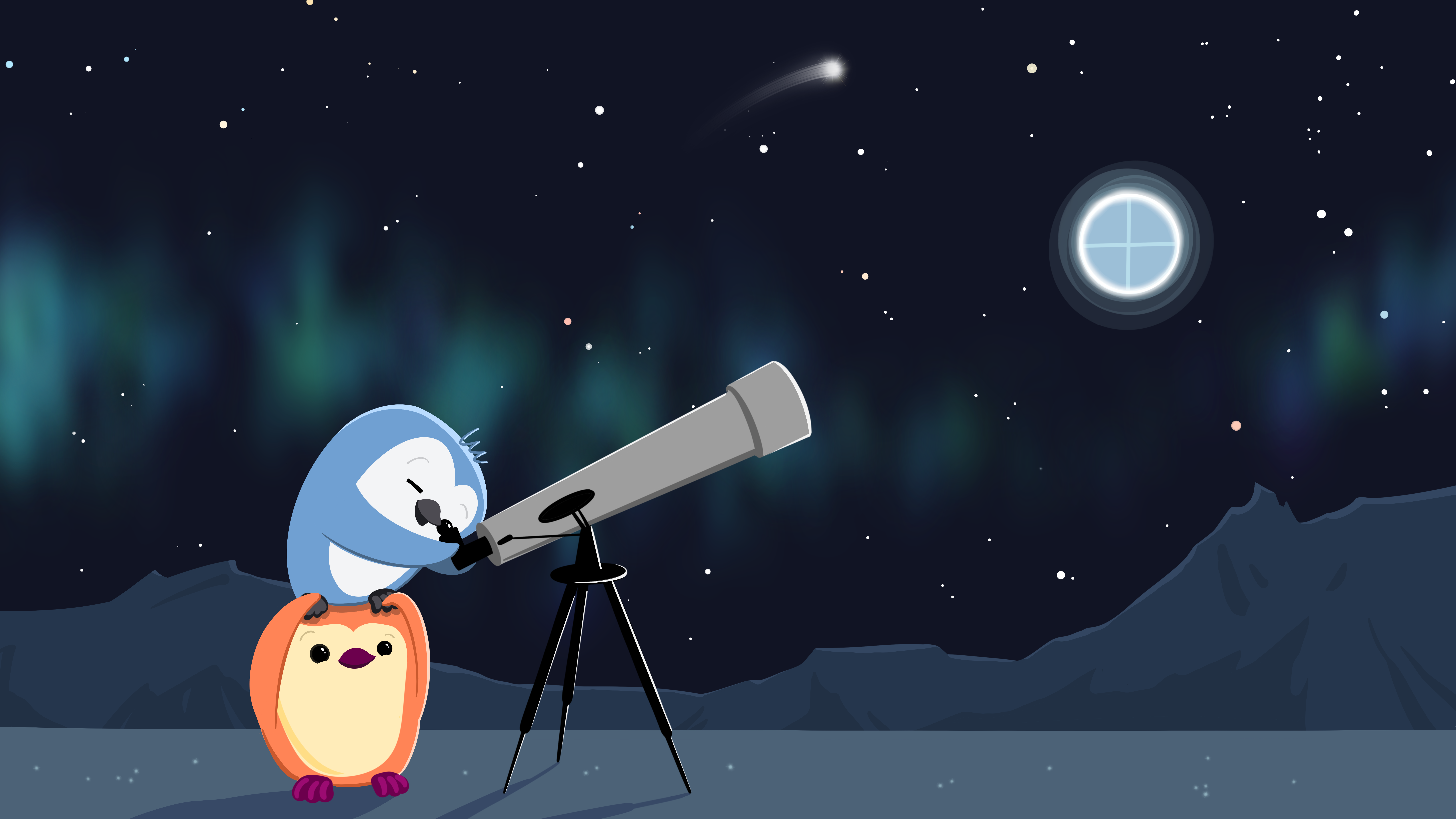 One penguin standing on another penguin's shoulders in a snowscape, looking through a telescope at a Quarto logo "moon" in the night sky.