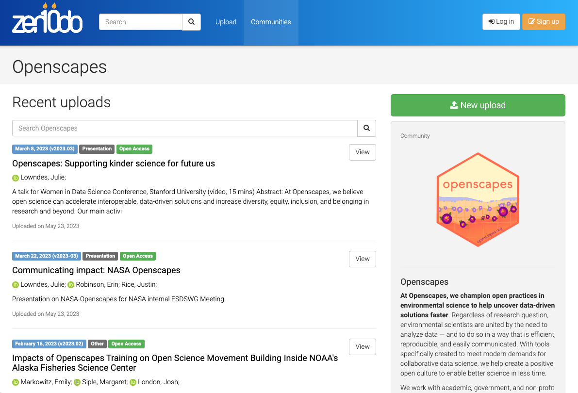 screenshot of the Openscapes Community page on Zenodo