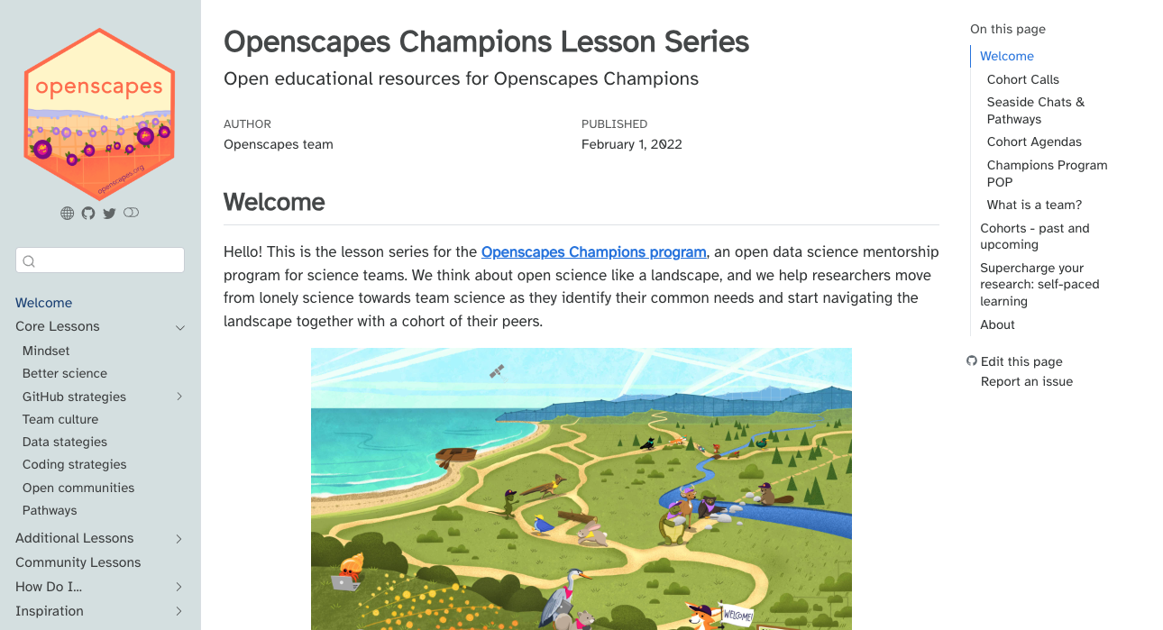 screenshot of Openscapes Champions Lesson Series Quarto site https://openscapes.github.io/series/. Image of a landscape consisting of a grassy meadow next to a sandy beach and ocean, a winding river, and distant mountains. In the foreground, a sad bunny and skunk are working alone on their laptops, each with a rain cloud over their heads. Nearby is a trailhead with a fox holding a 'Welcome!' sign for a variety of different critters to see. Past the trailhead are branching pathways through the Openscapes landscape. No matter the path, however, there are small groups of animals working together to find their way. Nods to data science are scattered throughout the image, including mountains made of data points and a satellite in the sky.