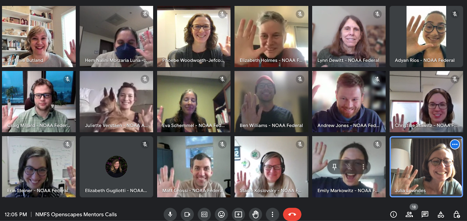 screenshot of zoom participants in 3 x 6 grid. They are smiling and waving