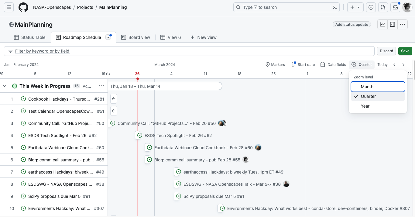 screenshot of a github project page roadmap view with rows for issues whose dates are shown along a timeline