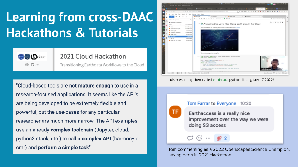 screenshot of slide 8, title Learning from cross-DAAC Hackathons & Tutorials. with screenshot of Luis presenting a python notebook in the JupyterHub and a quote "earthaccess is a really nice improvement over the way we were doing S3 access"