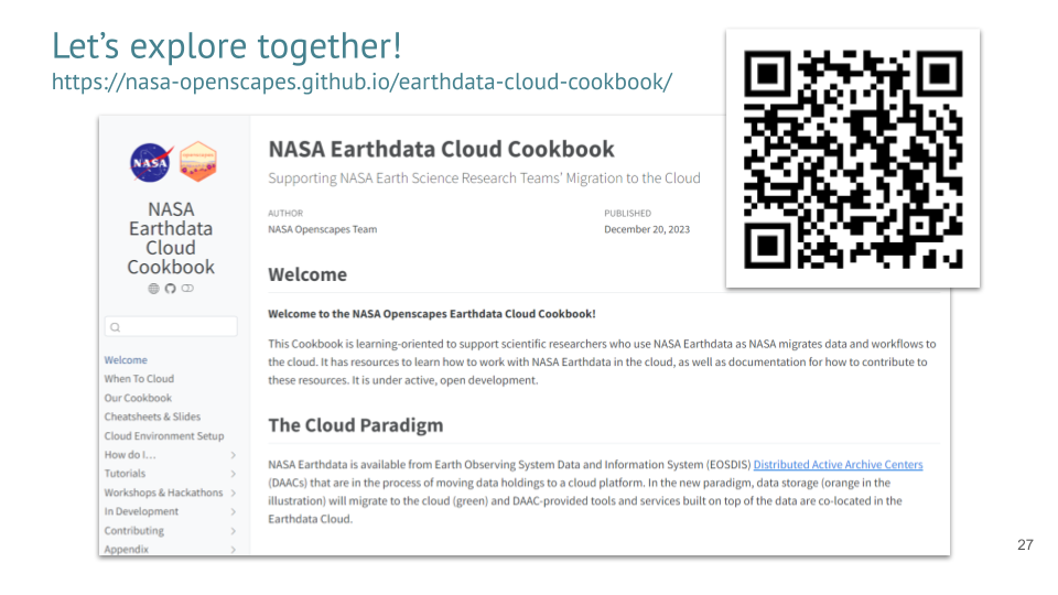 screenshot of Cookbook home page with QR code to access it. Title 'Let's explore together'