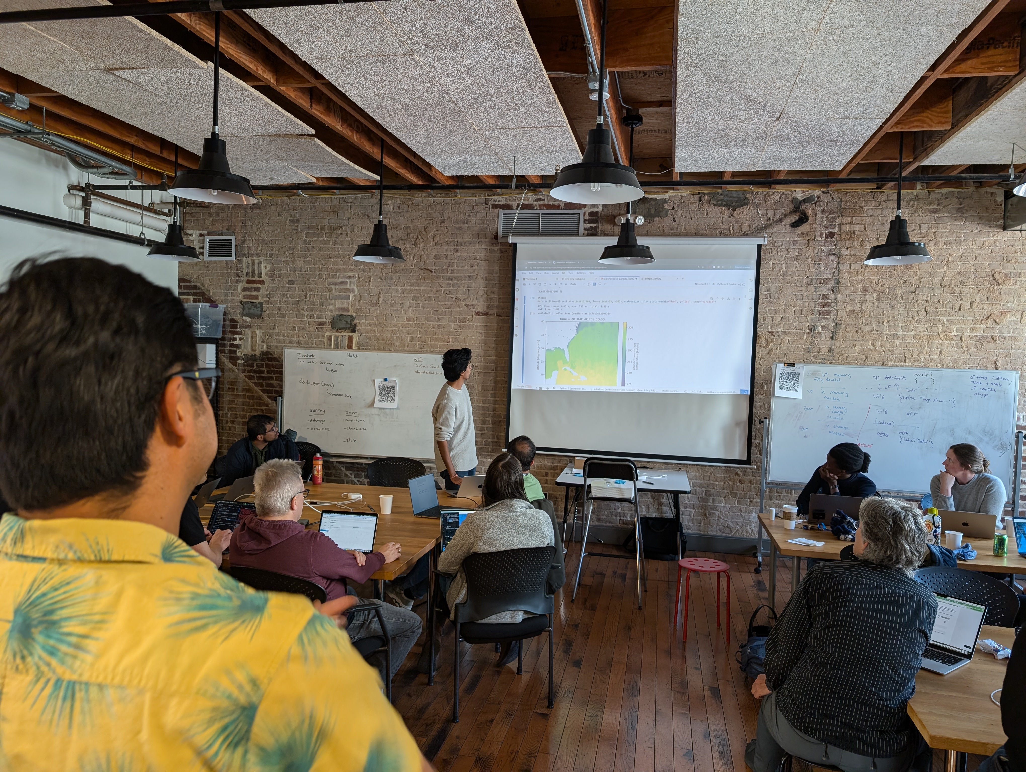 photo of informal classroom-like setting with speaker standing facing projected image of a plot, 7 people seated watching and one man standing in the foreground facing the speaker with his back to photographer. He's wearing a cool yellow shirt with green palm leaves