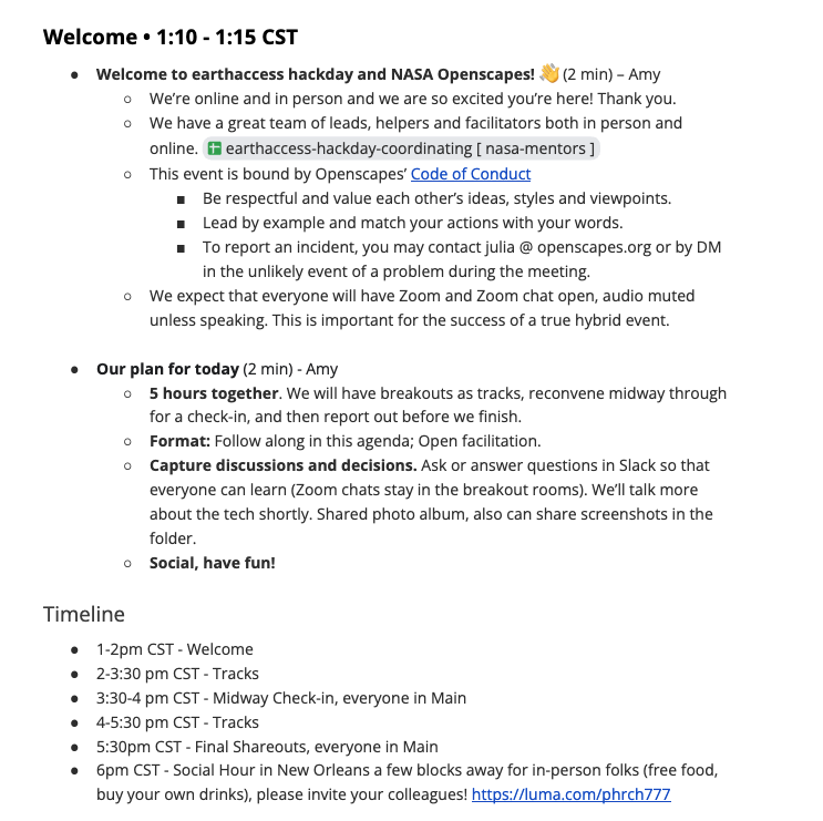 screenshot of agenda doc with welcome text and timeline for the 5-hour session