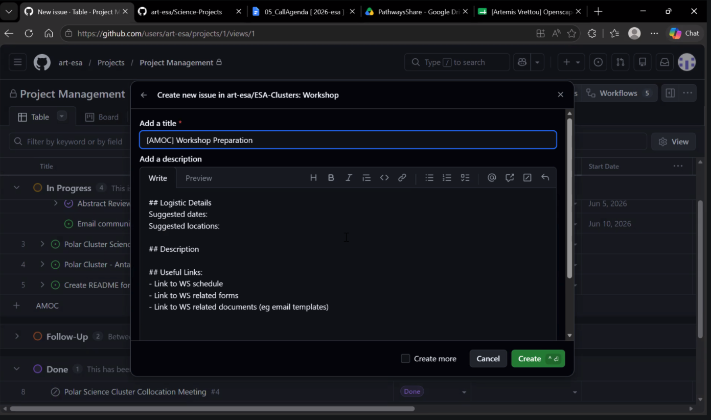screenshot of a GitHub Project with a new draft Issue in foreground, titled ‘[AMOC] Workshop Preparation. Issue Description has headings and lists in markdown format