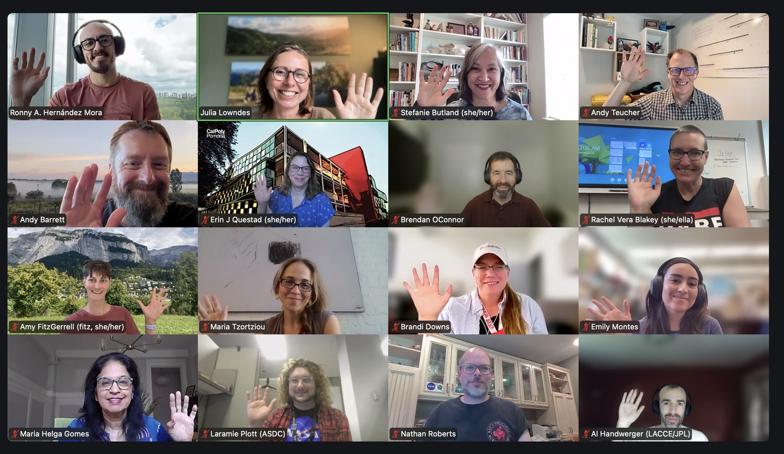 video conference participants in grid. People are smiling and waving