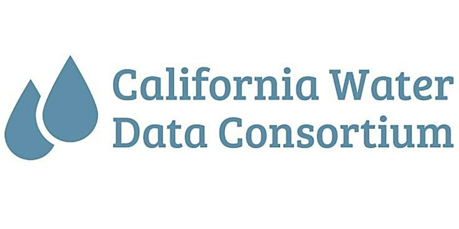 logo with 2 water droplets to the left of blue text on white background, California Water Data Consortium