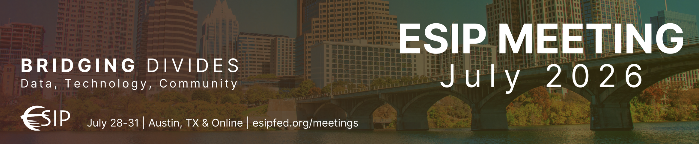 banner image with background photo of blue sky, a mountain, and Seattle skyline, with white letters saying ESIP MEETING July 2025. Innovation to Impact.