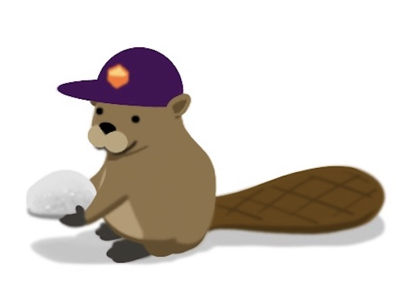 A brown beaver wearing a purple baseball cap with the orange Openscapes logo on the front holds a rock in its outstretched arms.
