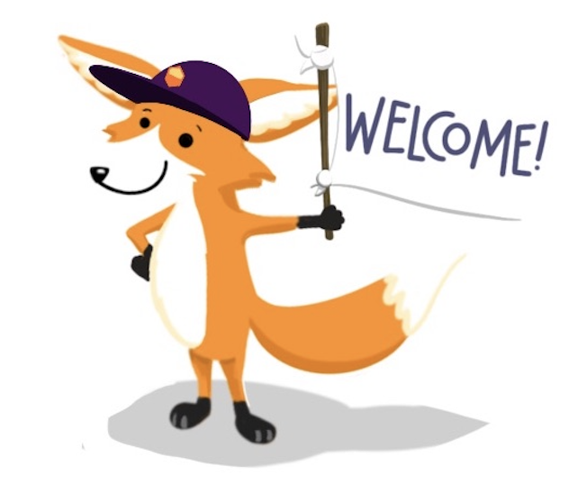 An orange fox wearing a purple baseball cap with the orange Openscapes logo on the front holds a white flag that says, 'Welcome!' in its outstretched arm.