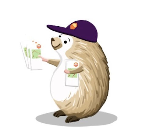 A hedgehog wearing a purple baseball cap with the orange Openscapes logo on the front has a single map tucked under one arm and holds a stack of maps in its other outstretched arm.