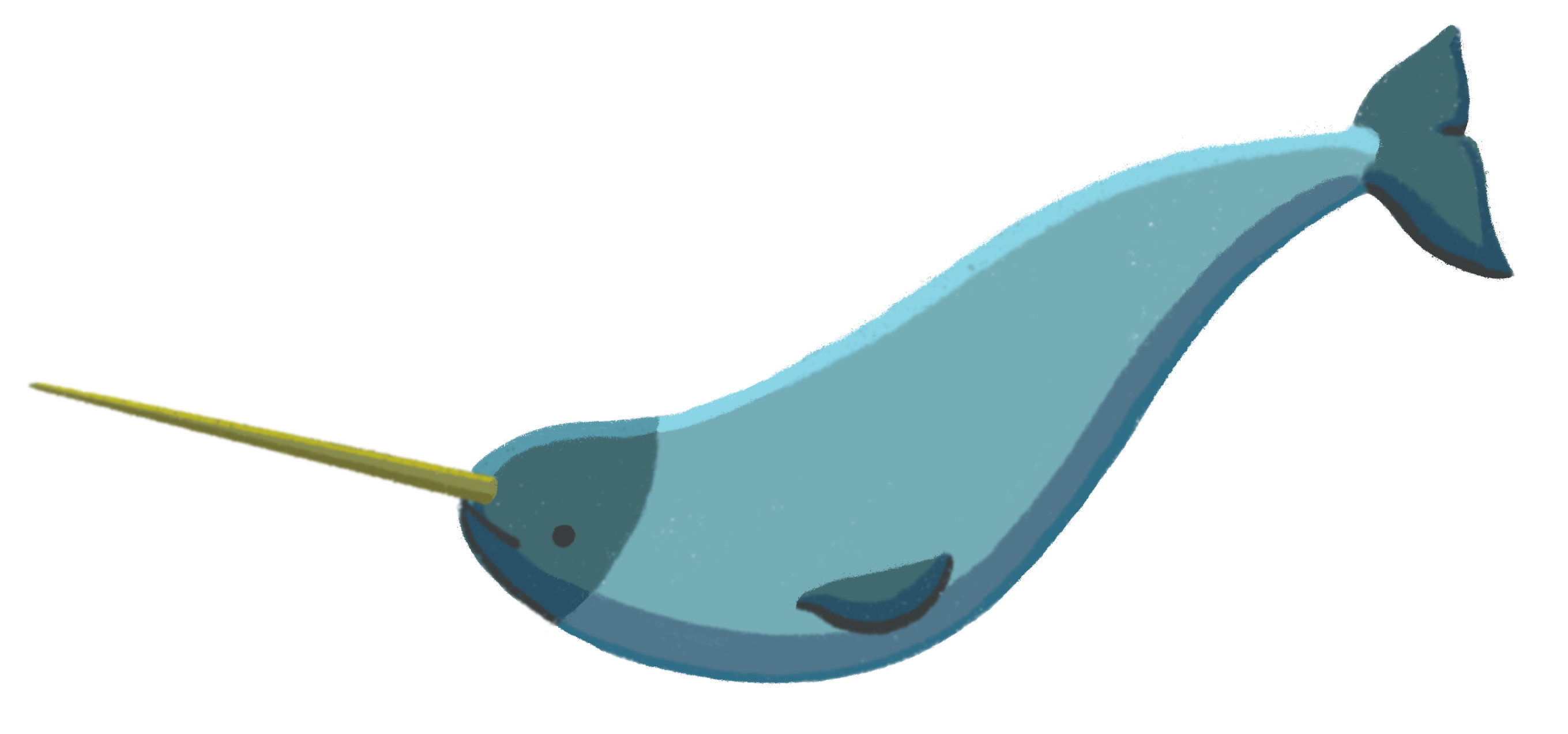 A blue-colored narwhal swimming to the left.