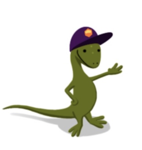 A green lizard wearing a purple baseball cap with the orange Openscapes logo on the front waves with an outstretched arm.