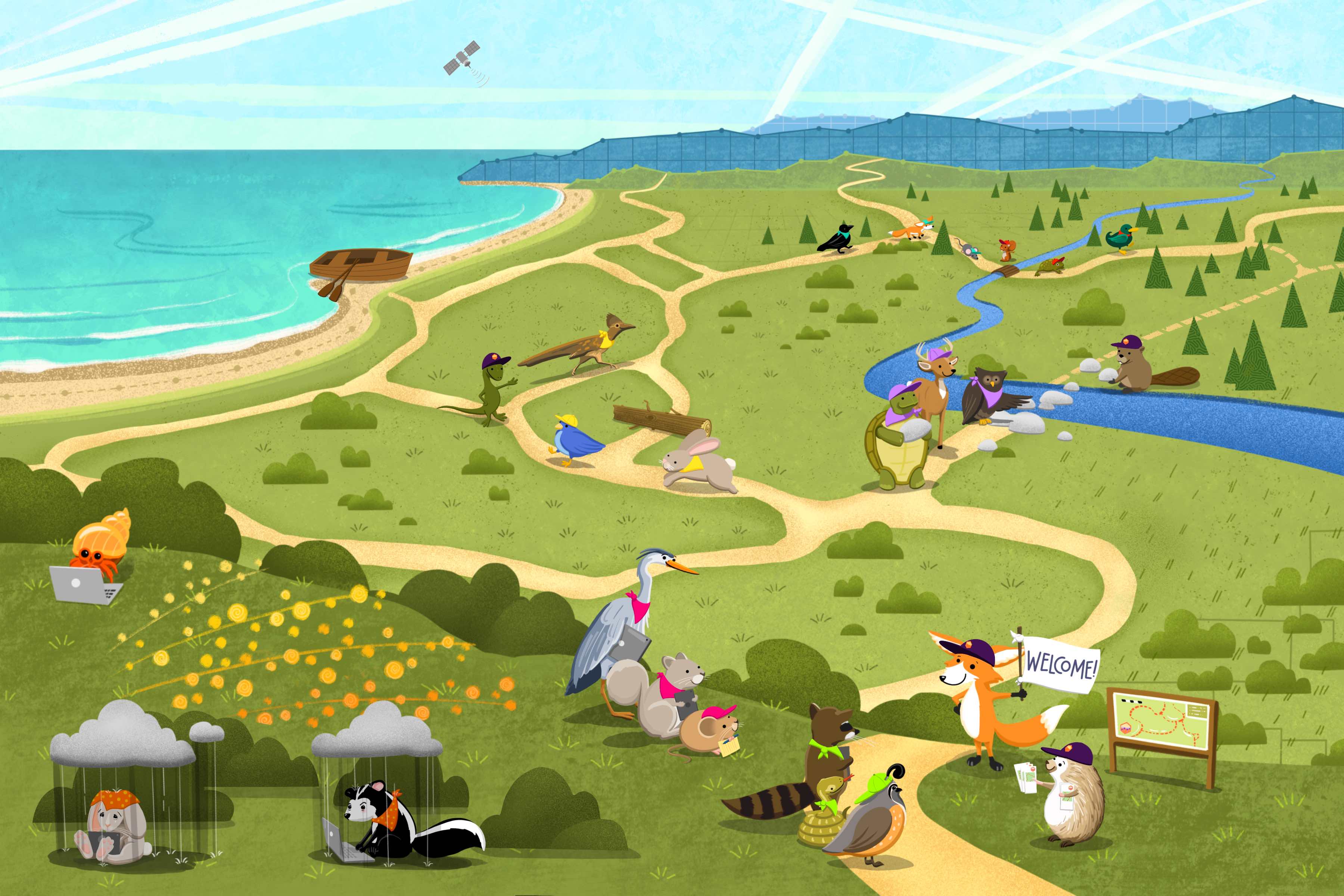 A landscape consisting of a grassy meadow next to a sandy beach and ocean, a winding river, and distant mountains. In the foreground, a sad bunny and skunk are working alone on their laptops, each with a rain cloud over their heads. Nearby is a trailhead with a fox holding a 'Welcome!' sign for a variety of different critters to see. Past the trailhead are branching pathways through the Openscapes landscape. No matter the path, however, there are small groups of animals working together to find their way. Nods to data science are scattered throughout the image, including mountains made of data points and a satellite in the sky.
