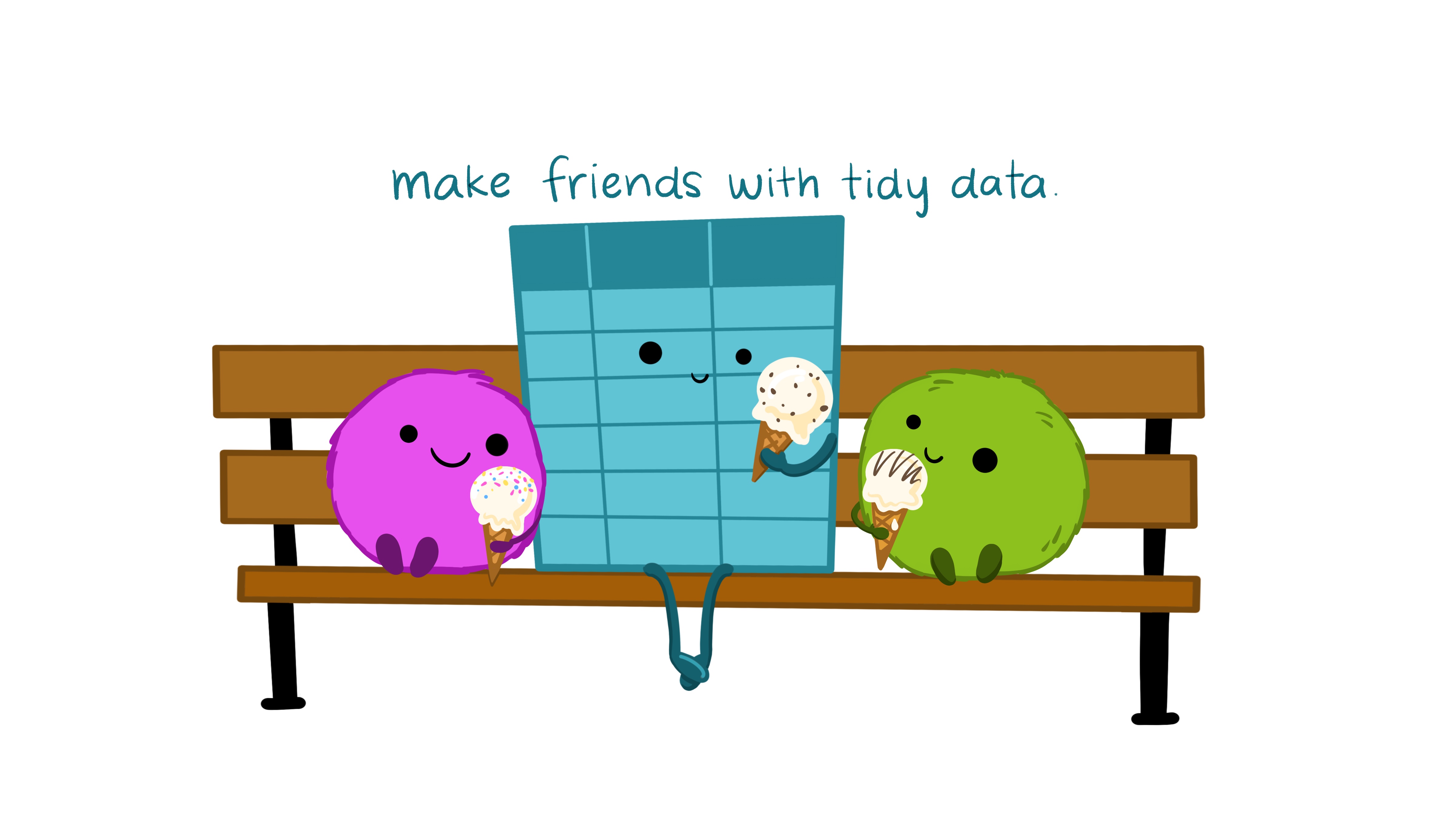 Digital illustration of two cute fuzzy monsters sitting on a park bench with a smiling data table between them, all eating ice cream together. In text above the illustration are the hand drawn words 'make friends with tidy data'.