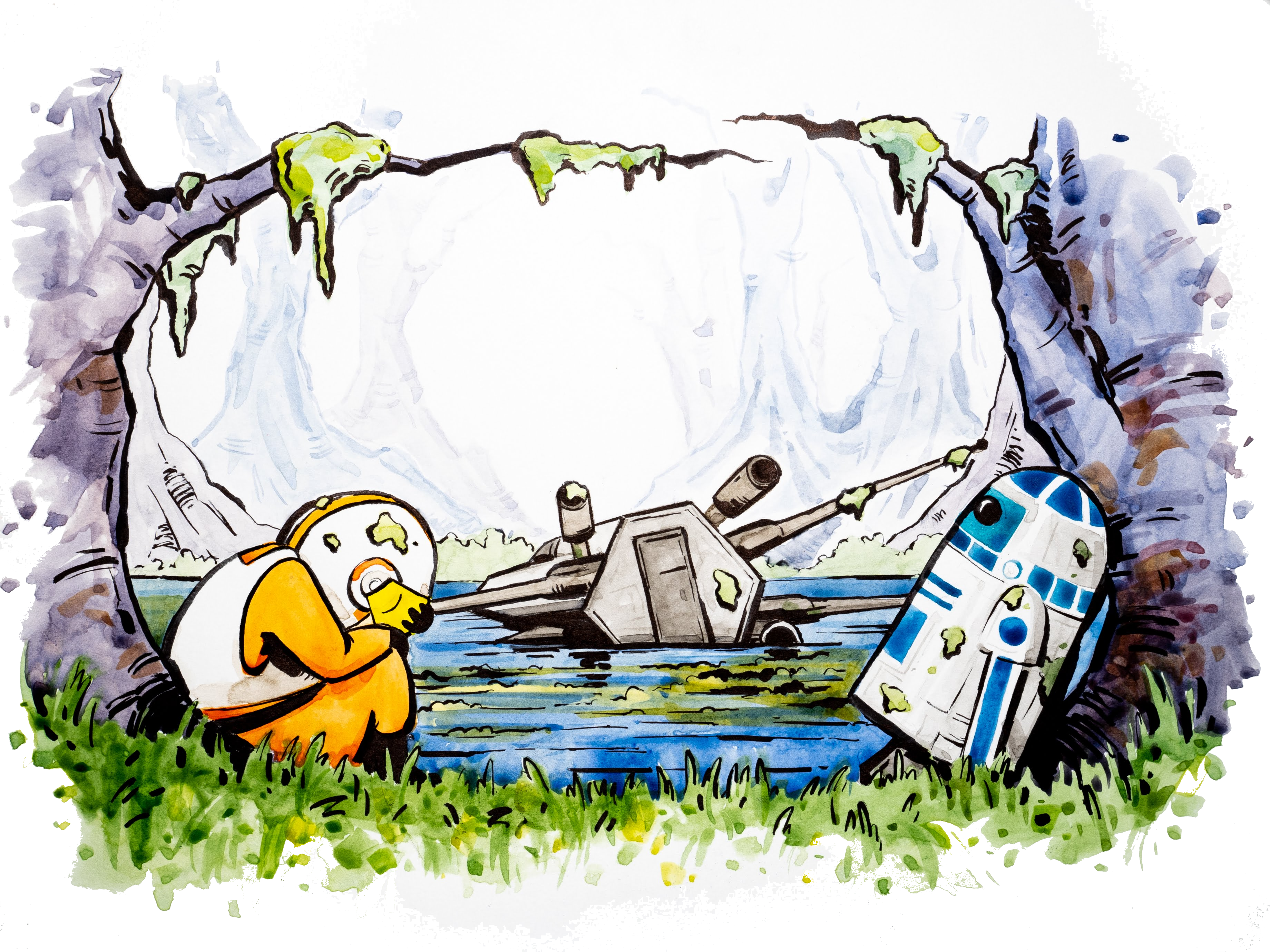 In the foreground, Luke sits on the bank of a bog with his head hanging in his lap. R2D2 leans up agains a tree. In the background, an X-wing is half submerged in the bog.