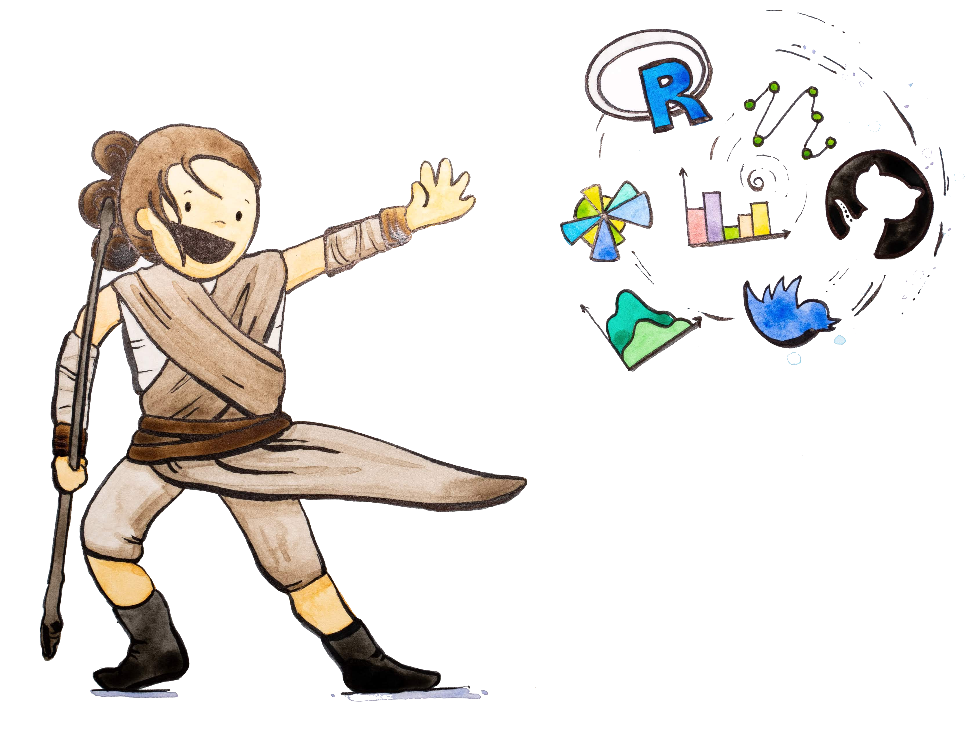 Rey uses the force to levitate open data science tools, platforms, and data visualizations, including the R, GitHut, and Twitter logos, a bar plot, line plot, area plot, and petal plot.