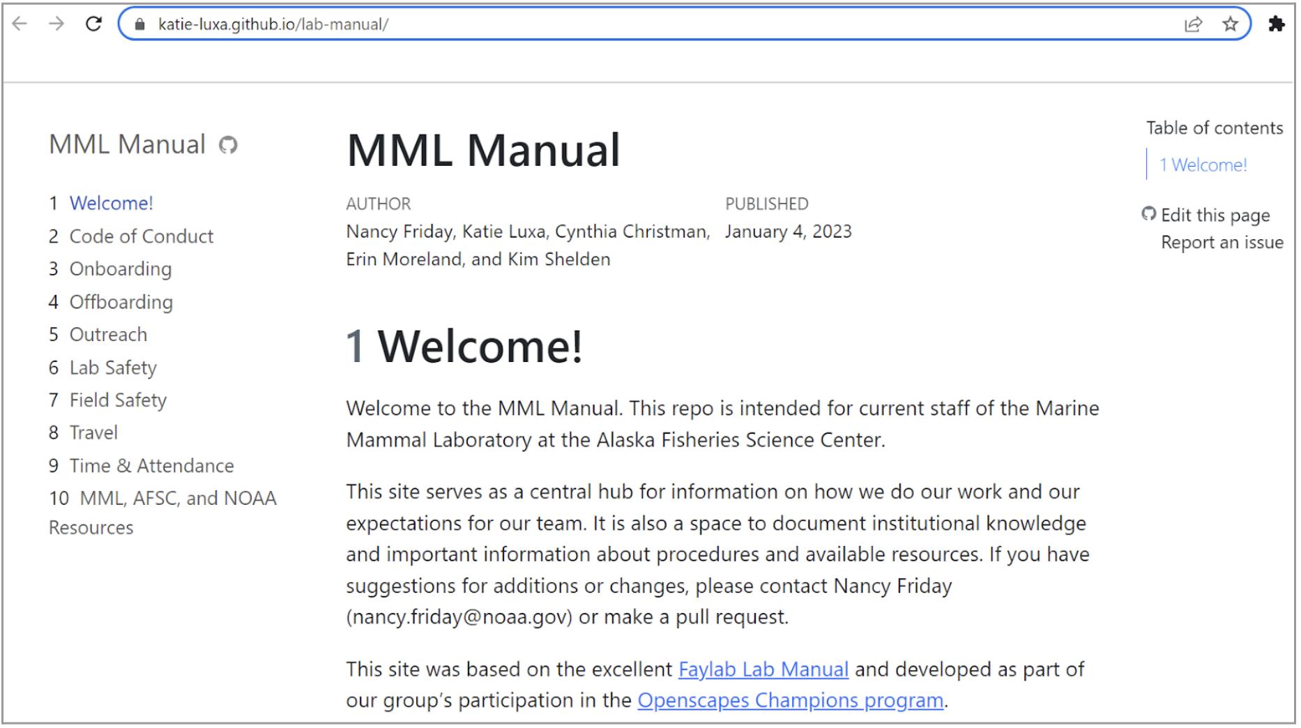 Screenshot of the AFSC Marine Mammal Lab Manual based on Fay lab lab manual