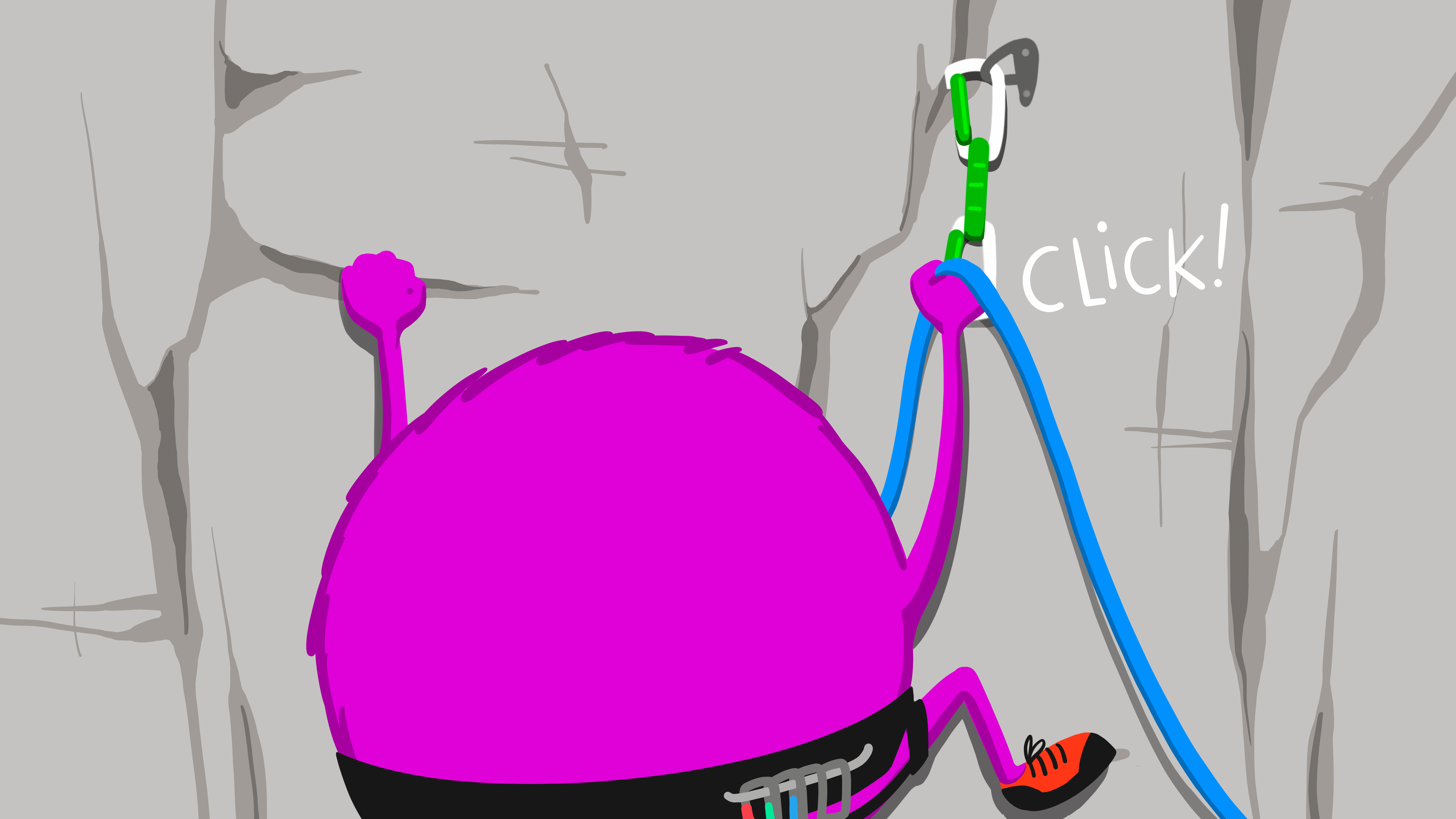 A close-up rear view of a monster climbing a rock face, clicking into an anchor point, with the word, 'Click!'