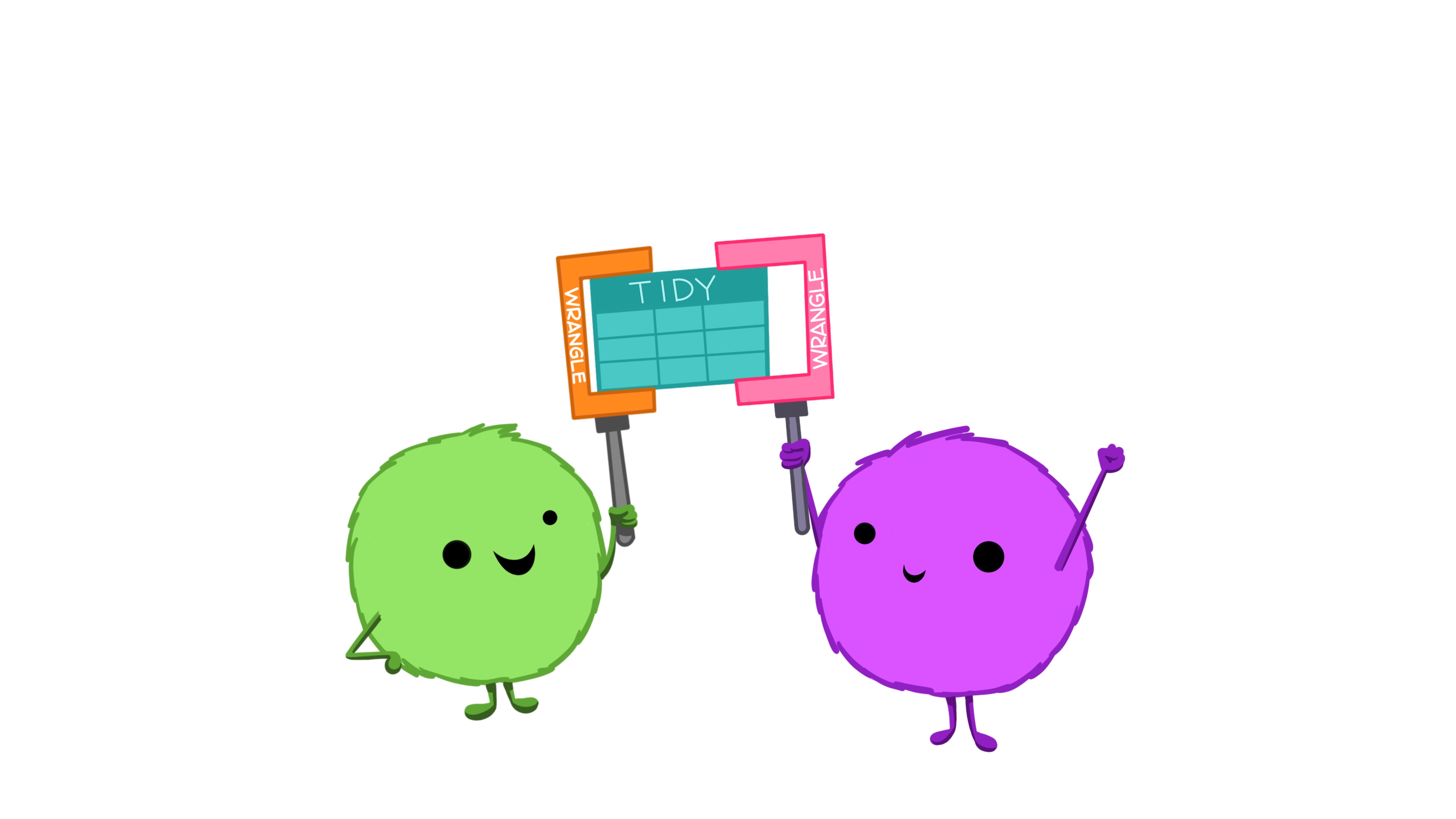 Two happy looking round fuzzy monsters, each holding a similarly shaped wrench with the word “wrangle” on it. Between their tools is held up a rectangular data table labeled “TIDY.”